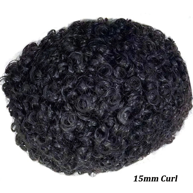 Men Toupee Human Hair Fine Mono NPU Indian Human Hair Wigs for Man Afro Human Hair System 15mm Curly Hair Topper Natural Color